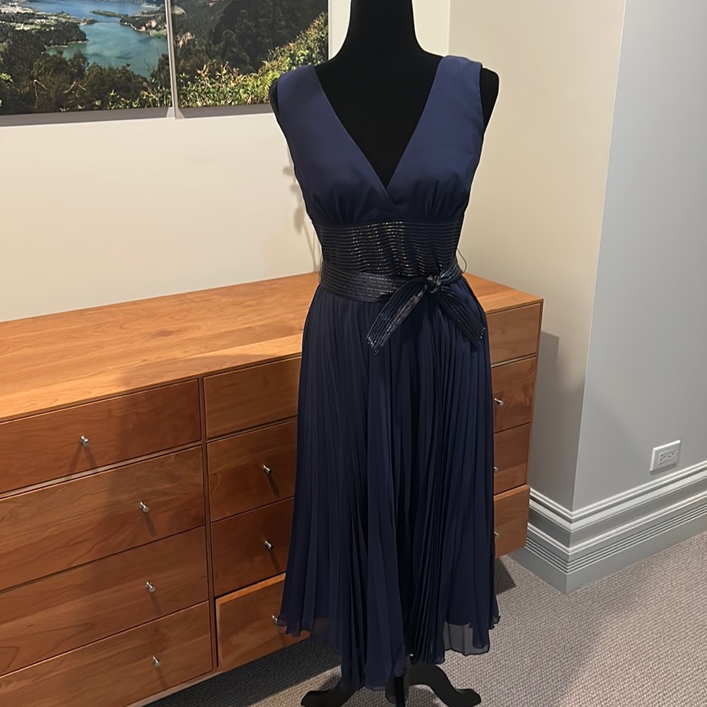 Max & Cleo navy A-line cocktail dress with gold waist detail and pleated skirt